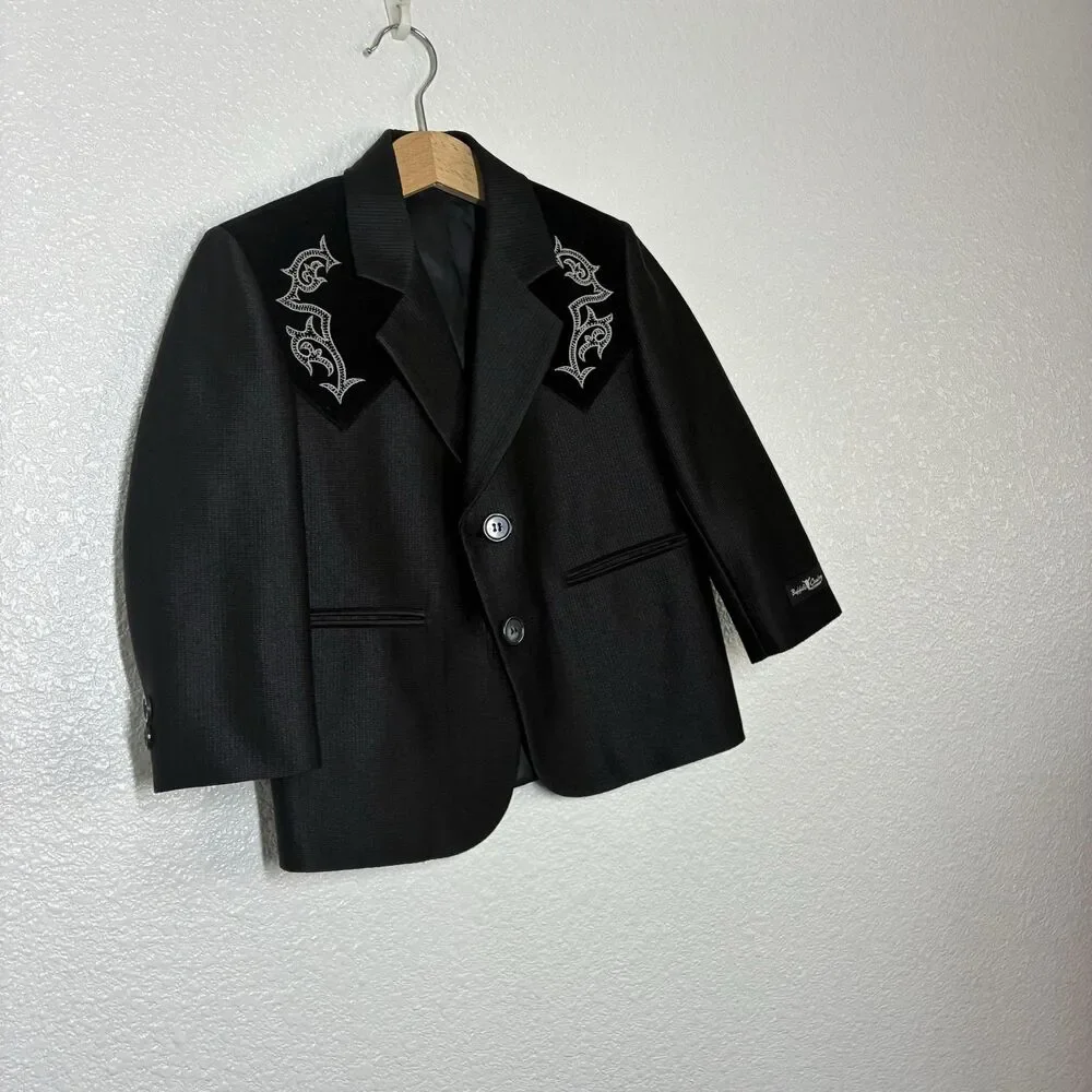 Buffalo Country Suit Jacket Boys 4 Black Western Cowboy Embroidered Velvet Yoke